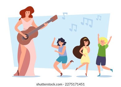 Woman playing guitar vector illustration. Female musician and children singing and dancing at party or concert on white background. Self-reflection, self-expression, music, hobby concept