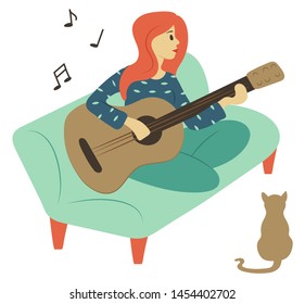 Woman playing guitar vector, isolated character sitting on sofa at home. Flat style female guitarist holding musical instrument, notes and cat pet