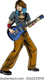 Woman playing Guitar World Rock Day in Vector Cartoon Illustration