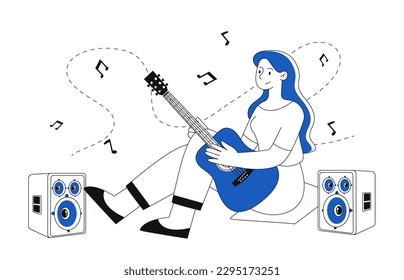 Woman playing guitar. Young girl sitting with acoustic guitar near speakers. Art and creativity, hobby. Female guitarist and artist performs. Cartoon flat vector illustration