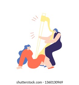 Woman Playing Harp to Friend Girl Sitting on Floor Listening Music. Musicians Cartoon Characters. Music Festival Flat Vector Illustration. Poster Design with Harpist. Enjoying String Instrument Melody