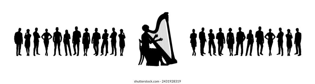 Woman playing the harp in front of large group of people audience vector silhouette.	