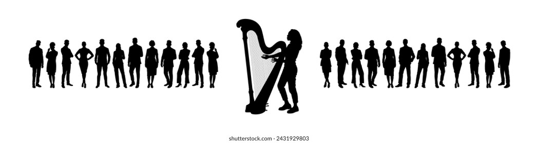 Woman playing the harp in front of large group of people watching vector silhouette.	