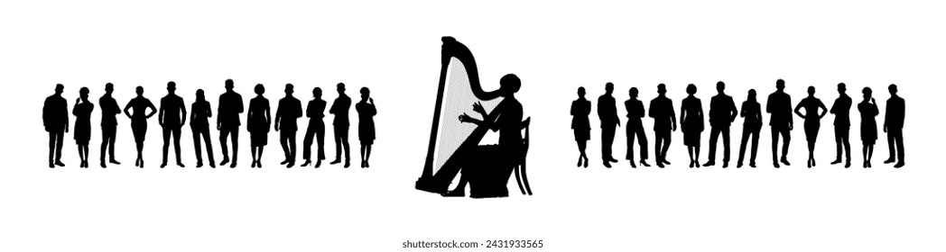 Woman playing the harp in front of large group of people vector silhouette.	