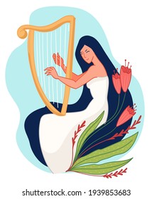 Woman playing harp, harpist with string musical instrument. Lady practicing or study new songs, composing or rehearsing. Professional musician giving performance on show. Vector in flat style