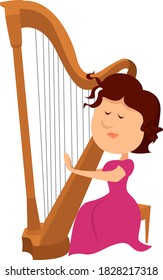 Woman playing harp, illustration, vector on white background
