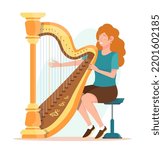 Woman playing a harp. Harp player. Harpist flat vector illustration. 