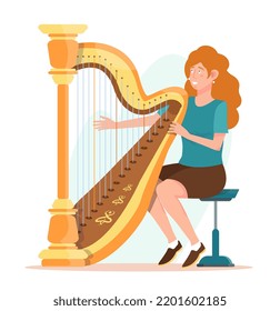 Woman playing a harp. Harp player. Harpist flat vector illustration. 