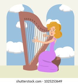 woman playing the harp at romantic hall - vector cartoon illustration in flat style