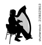 Woman playing harp vector silhouette illustration isolated. Music girl with string instrument siting on chair concert event. Lady art performer musician with lira on stage. Opera classic concert event