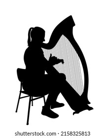 Woman playing harp vector silhouette illustration isolated. Music girl with string instrument siting on chair concert event. Lady art performer musician with lira on stage. Opera classic concert event