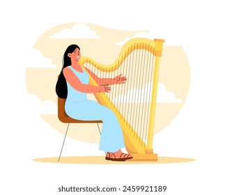 Woman playing at harp. Young girl near string musical instrument. Talented artists amd musician performing at scene. Classical music. Cartoon flat vector illustration isolated on white background