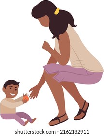 Woman playing with her child boy developing games sitting on floor isolated cartoon vector graphic. Mother gives small ball to her kid, motherhood and childhood, family spending time together