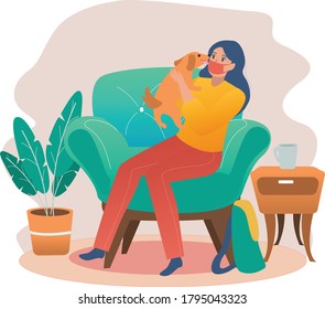 A woman playing with her dog at home after arrive home from whole day work