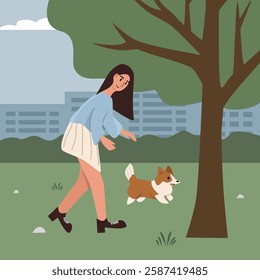 Woman playing with her dog in the park. Girl with dog in the urban park. Cartoon illustration of people with animal.