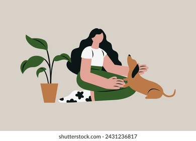 Woman Playing with Her Dog Pet Vector Illustration