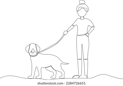 A woman playing with her dog. Walking or playing with dog one-line drawing