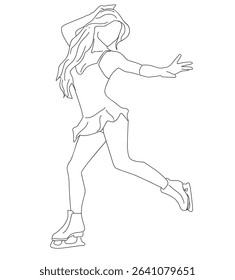 woman playing ice skating. Continuous line drawing of young woman playing ice skating in the ice area