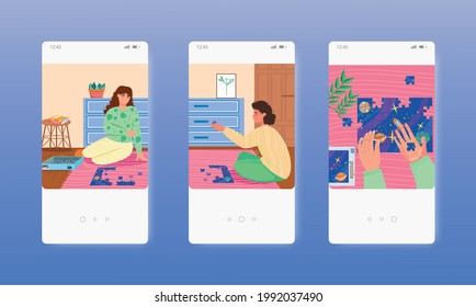 Woman playing jigsaw puzzle board game. Mobile app screens, vector website banner template. UI, web site design.