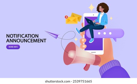 Woman playing Laptop. Creative Social Networking concept Vector Design, marketing concept - blogger promotion services and goods for his followers online. Social media or network promotion. 