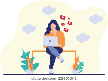 Woman playing laptop on park flat character suitable for template, illustration, preview and graphic resources