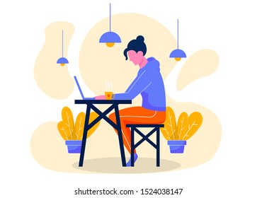 woman playing laptop on the table concept illustration