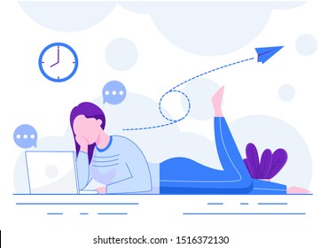 woman playing laptop while lying down,women play laptops casually with technological elements vector illustration