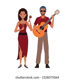 woman playing maracas and musician with a guitar over white background, colorful design. vector illustration