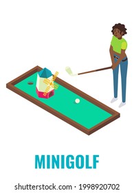 Mujer jugando mini golf de arcade, vector plano ilustración isométrica. Campo de minigolf. Club de juegos, sala, atracciones de la zona, actividades lúdicas, animaciones. Juegos de arcade.