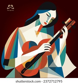 Woman playing music, cubist style, artistic mural