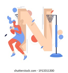 Woman playing netball with ball in hands. Concept illustration with goal point and large capital letter N. Cartoon character in sport uniform dress