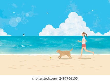 Woman playing on beach with golden retriever and seascape watercolor