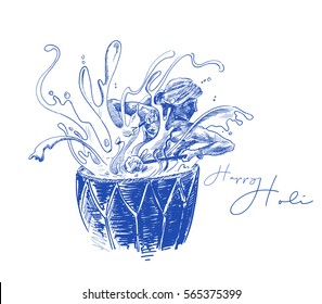 Woman playing on a dhol with splash - holi festival, Hand Drawn Sketch Vector Background. 