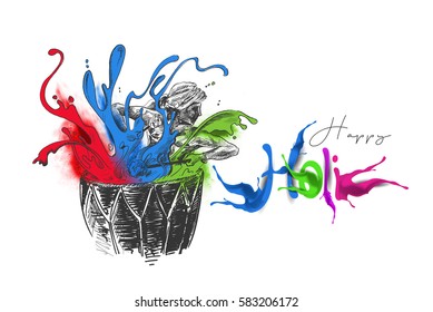 Woman playing on a dhol with splash - holi festival, Hand Drawn Sketch Vector Background. 