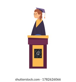 Woman Playing on Quiz Show, Girl Participant Wearing Robe and Graduation Cap Answering Question on Television Conundrum Game Cartoon Style Vector Illustration