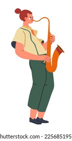 woman playing on saxophone, isolated jazz musician. Female personage with musical instrument performing, preparing for concert or festival. Cartoon character, vector in flat style illustration