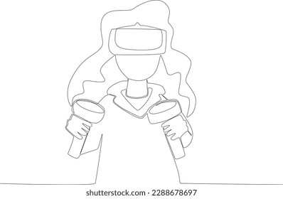 A woman playing online games with modern technology. Online gaming one-line drawing