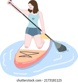 woman playing paddle board at the sea illustration vector
