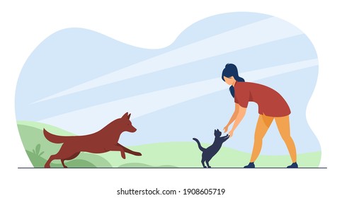Woman playing with pets outside. Cat and dog running to owner. Flat vector illustration. Domestic animal care, outdoor activity, lifestyle concept for banner, website design or landing web page