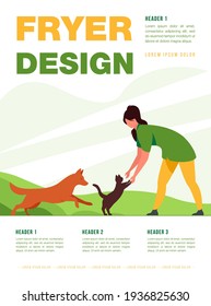 Woman playing with pets outside. Cat and dog running to owner. Flat vector illustration. Domestic animal care, outdoor activity, lifestyle concept for banner, website design or landing web page