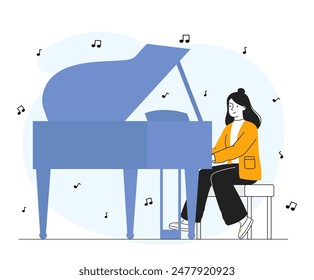 Mujer tocando el piano. Pianista actúa en el escenario o ensaya. Músico en concierto o espectáculo. Ocio cultural y ocio. Ilustración vectorial plana lineal aislada sobre fondo blanco