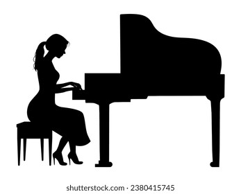 Woman playing piano silhouette, woman pianist, piano player