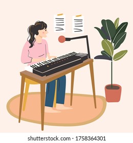 woman playing piano and singing a song into mic.Female hobby, activity, profession. Creativity at home concept. Hand drawn vector illustration.