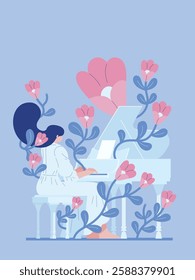 Woman playing piano surrounded by flowers