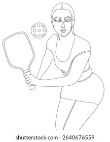 Woman playing pickleball, holding racket in front of her, bending slightly to hit the ball. Hand drawn minimal vector illustration in black and white.