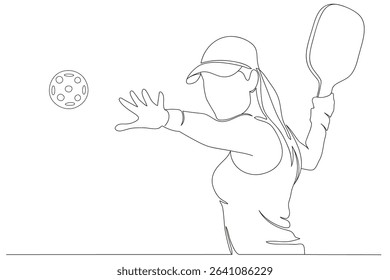 Woman Playing Pickleball In One Line Drawing Style.
Hand-drawn vector illustration in black and white. Suitable for sports, pickleball, fitness, and lifestyle themes.