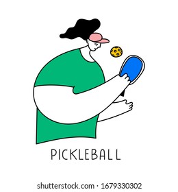 Woman Playing Pickleball. Vector Hand Drawn Illustration On White Background.