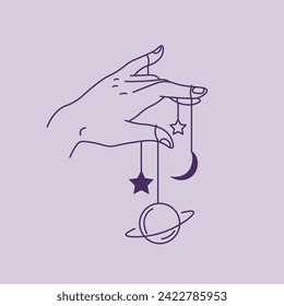 Woman playing with planet, crescent moon and stars tied to her fingers. Female gracefully manipulates celestial ballet with hand. Mystic symbols. Heavenly bodies or constellations. Vector in flat