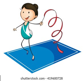 Woman playing ribbon on the mat illustration