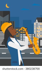 Woman playing saxophone.